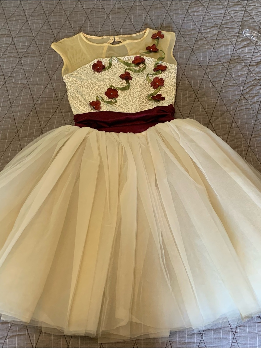 Weissman Cream Tulle Dress with Burgundy Floral Appliqués